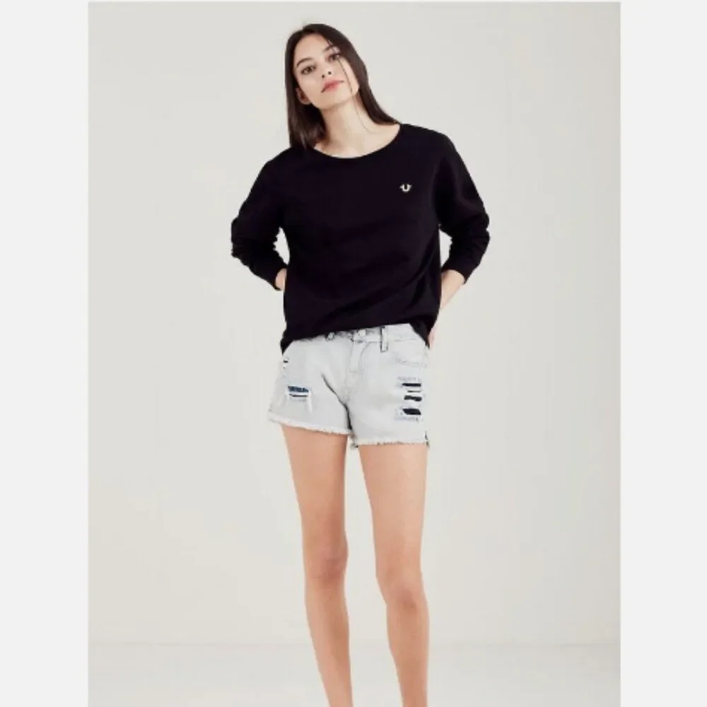 True Religion Kori High Rise Boyfriend Denim Distressed Shorts Size 26